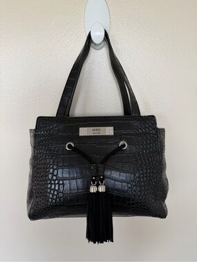 GUESS Black Croc Embossed Handbag Satchel with Tassel and Crystal Silver Logo